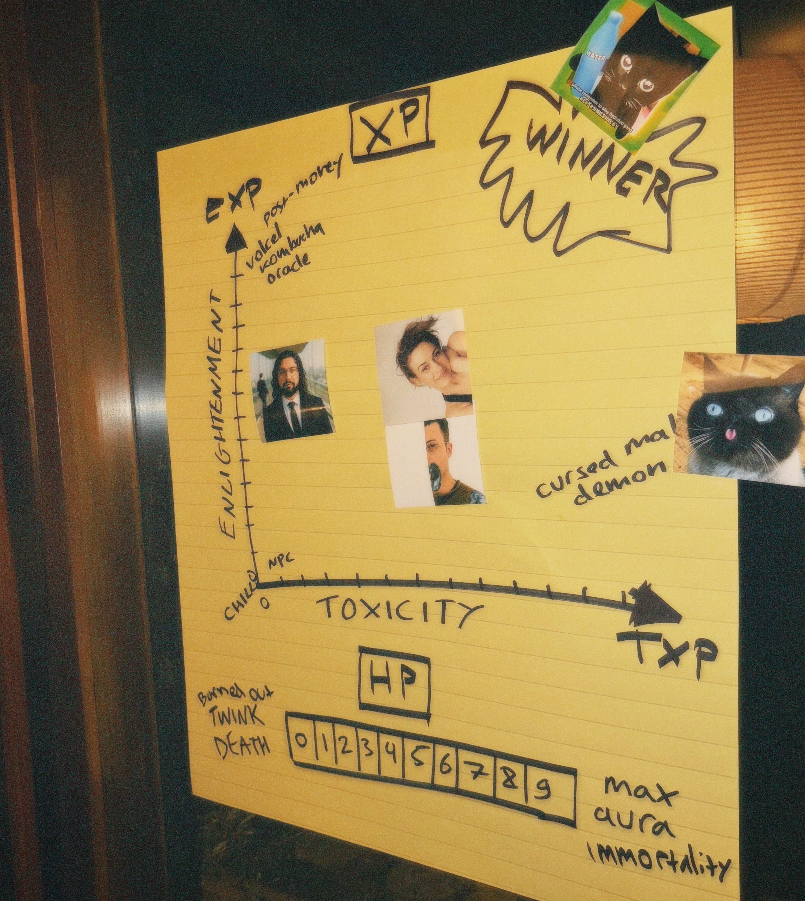 yellow game board showing Enlightenment vs Toxicity with HP scale, player photos, and a big ‘WINNER’ label.
